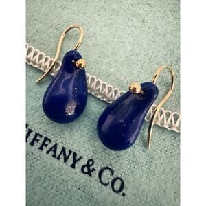 Tiffany Co 18k Gold Blue Lapis Lazuli Teardrop Drop Dangle Hook Earrings
